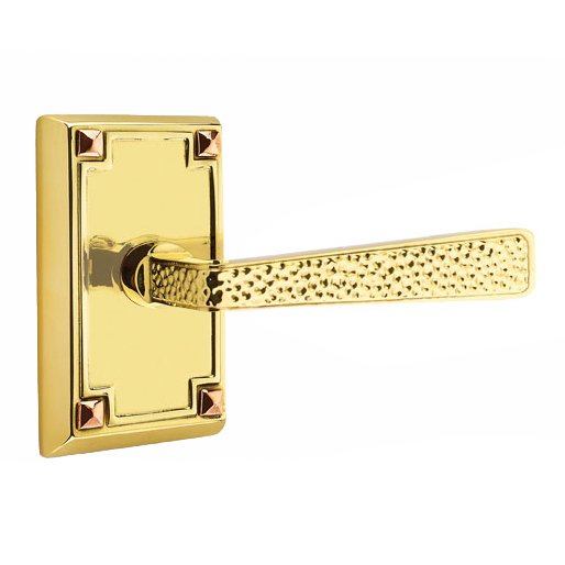 Emtek Right Handed Passage Hammered Door Lever with Arts & Crafts Rectangular Rose in Unlacquered Brass