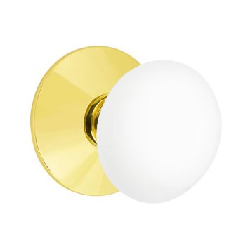 Emtek Passage Ice White Knob And Modern Rosette With Concealed Screws in Unlacquered Brass