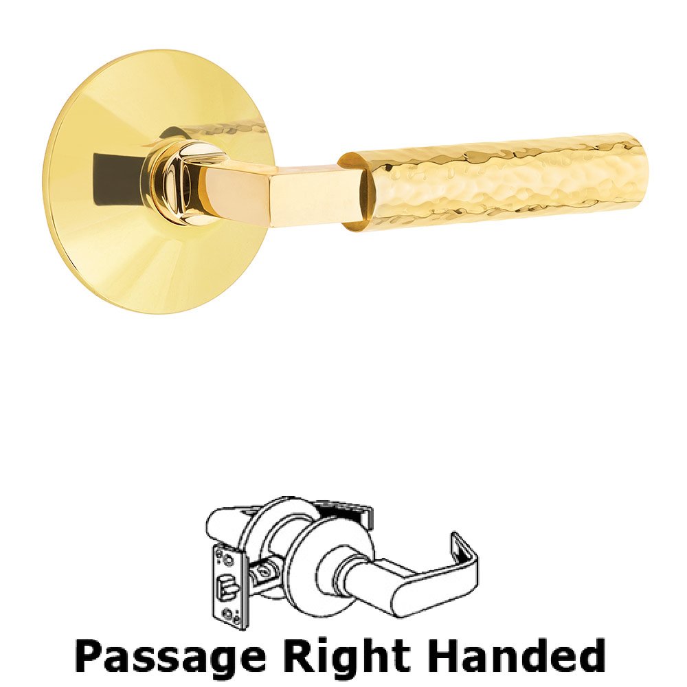 Emtek Passage Hammered Right Handed Lever with L-Square Stem and Modern Rose in Unlacquered Brass