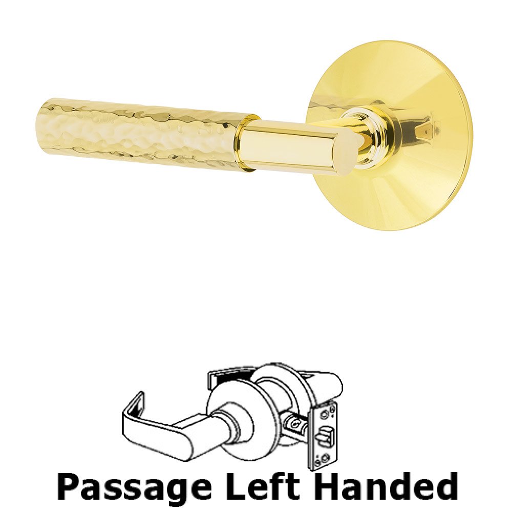 Emtek Passage Hammered Left Handed Lever with T-Bar Stem and Modern Rose in Unlacquered Brass