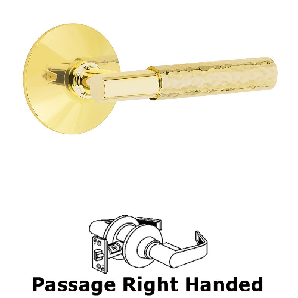 Emtek Passage Hammered Right Handed Lever with T-Bar Stem and Modern Rose in Unlacquered Brass