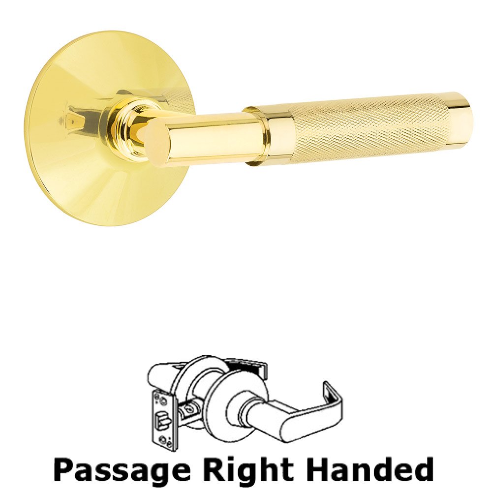 Emtek Passage Knurled Right Handed Lever with T-Bar Stem and Modern Rose in Unlacquered Brass