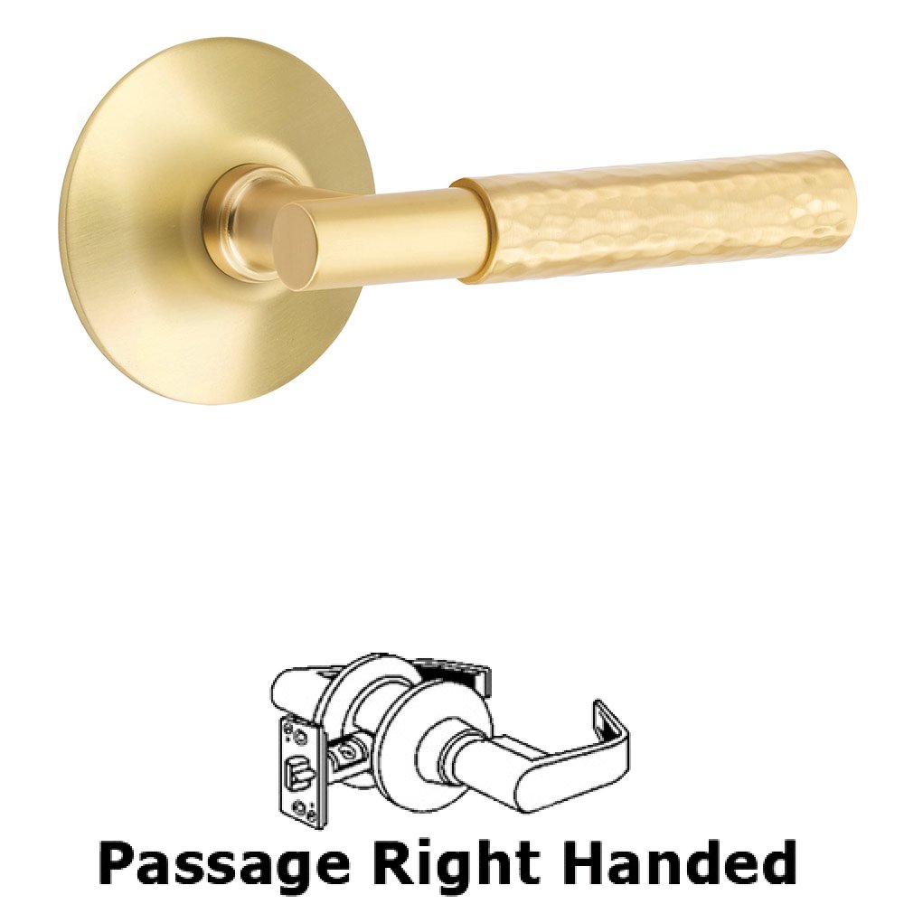 Emtek Passage Hammered Right Handed Lever with T-Bar Stem and Modern Rose in Satin Brass