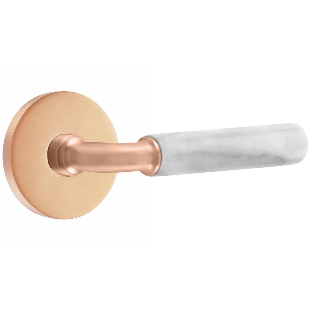 Emtek Passage White Marble Right Handed Lever with R-Bar Stem and Disk Rose in Satin Rose Gold