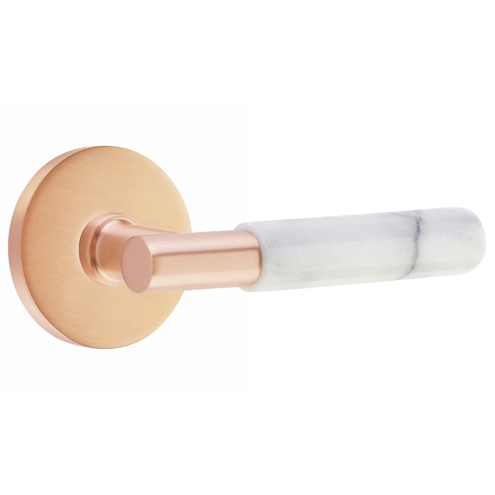 Emtek Passage White Marble Right Handed Lever With T-Bar Stem And Disk Rose In Satin Rose Gold