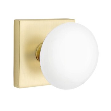 Emtek Passage Ice White Knob And Modern Square Rosette With Concealed Screws in Satin Brass