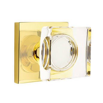 Emtek Modern Square Glass Passage Door Knob and Square Rose with Concealed Screws in Unlacquered Brass