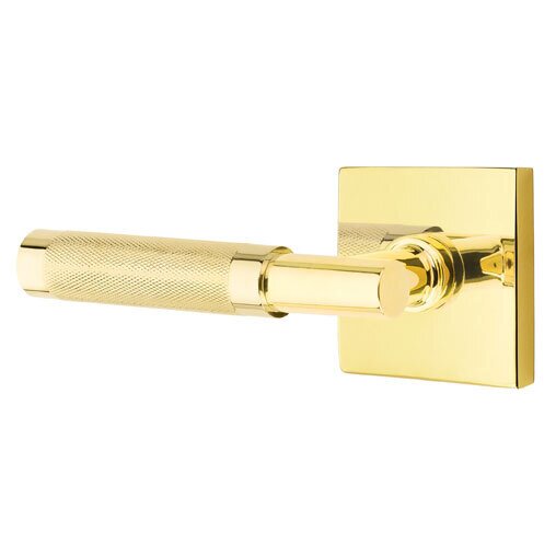 Emtek Passage Knurled Left Handed Lever with T-Bar Stem and Square Rose in Unlacquered Brass