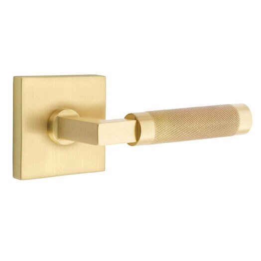 Emtek Passage Knurled Right Handed Lever with L-Square Stem and Square Rose in Satin Brass