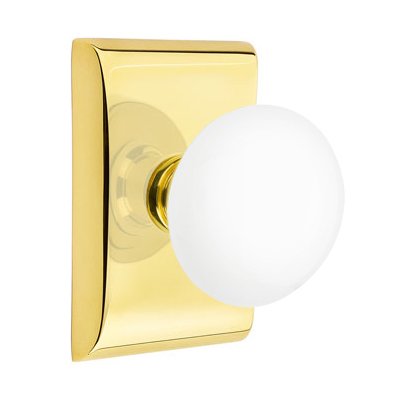 Emtek Passage Ice White Knob And Neos Rosette With Concealed Screws in Unlacquered Brass