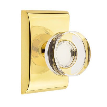 Emtek Modern Disc Glass Passage Door Knob and Neos Rose with Concealed Screws in Unlacquered Brass