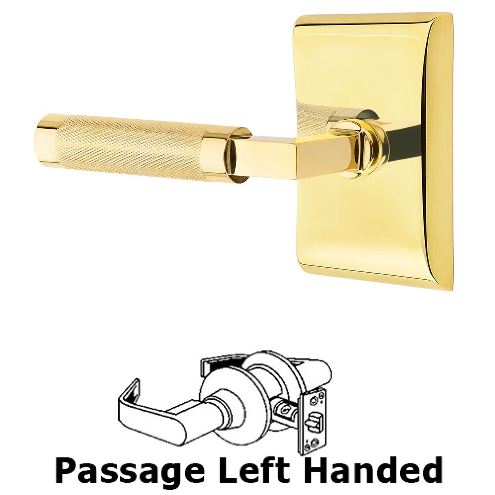 Emtek Passage Knurled Left Handed Lever with L-Square Stem and Neos Rose in Unlacquered Brass
