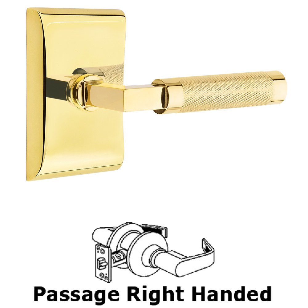 Emtek Passage Knurled Right Handed Lever with L-Square Stem and Neos Rose in Unlacquered Brass