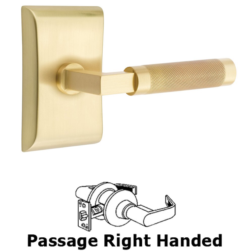 Emtek Passage Knurled Right Handed Lever with L-Square Stem and Neos Rose in Satin Brass