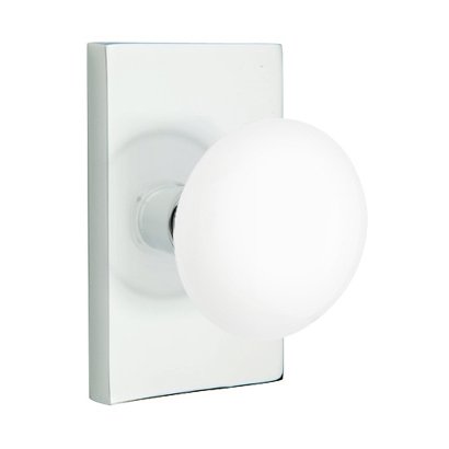 Emtek Passage Ice White Knob And Modern Rectangular Rosette With Concealed Screws in Polished Chrome