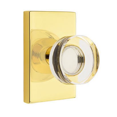 Emtek Modern Disc Glass Passage Door Knob and Modern Rectangular Rose with Concealed Screws in Unlacquered Brass