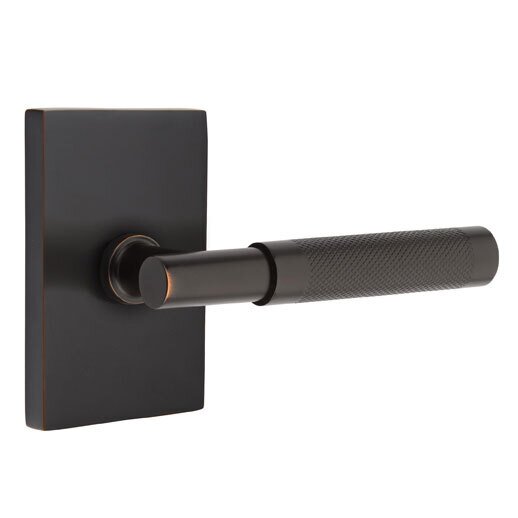 Emtek Passage Knurled Right Handed Lever with T-Bar Stem and Modern Rectangular Rose in Oil Rubbed Bronze
