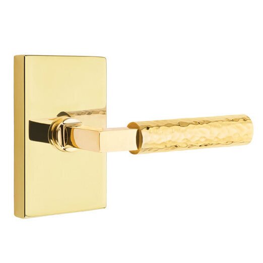 Emtek Passage Hammered Right Handed Lever with L-Square Stem and Modern Rectangular Rose in Unlacquered Brass