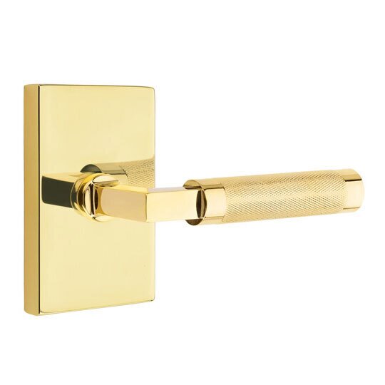 Emtek Passage Knurled Right Handed Lever with L-Square Stem and Modern Rectangular Rose in Unlacquered Brass