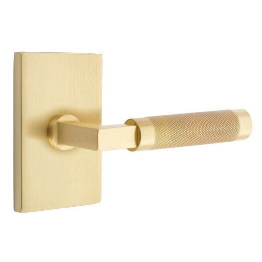 Emtek Passage Knurled Right Handed Lever with L-Square Stem and Modern Rectangular Rose in Satin Brass