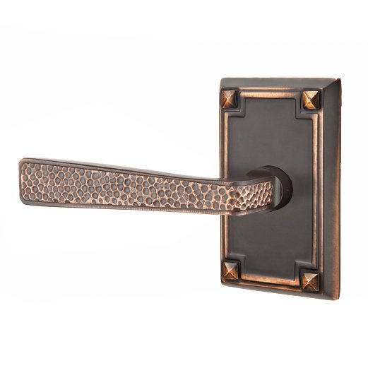 Emtek Left Handed Privacy Hammered Door Lever with Arts & Crafts Rectangular Rose in Oil Rubbed Bronze