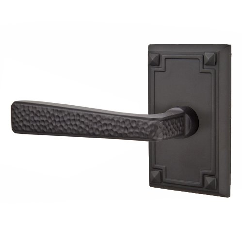 Emtek Left Handed Privacy Hammered Door Lever with Arts & Crafts Rectangular Rose in Flat Black