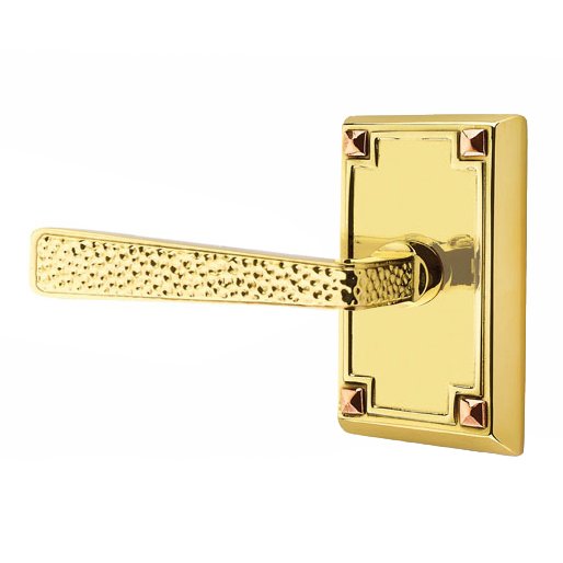 Emtek Left Handed Privacy Hammered Door Lever with Arts & Crafts Rectangular Rose in Unlacquered Brass