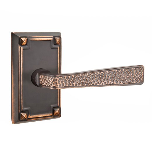 Emtek Right Handed Privacy Hammered Door Lever with Arts & Crafts Rectangular Rose in Oil Rubbed Bronze