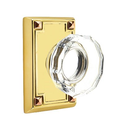 Emtek Lowell Privacy Door Knob and Arts & Crafts Rectangular Rose with Concealed Screws in Unlacquered Brass