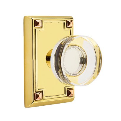 Emtek Modern Disc Glass Privacy Door Knob and Arts & Crafts Rectangular Rose with Concealed Screws in Unlacquered Brass