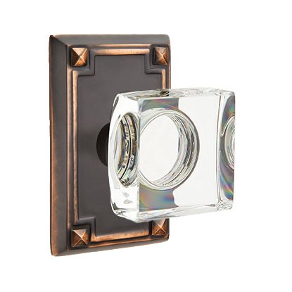 Emtek Modern Square Glass Privacy Door Knob with Arts & Crafts Rectangular Rose in Oil Rubbed Bronze