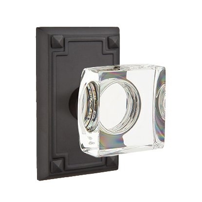 Emtek Modern Square Glass Privacy Door Knob and Arts & Crafts Rectangular Rose with Concealed Screws in Flat Black