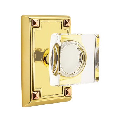 Emtek Modern Square Glass Privacy Door Knob with Arts & Crafts Rectangular Rose in Unlacquered Brass