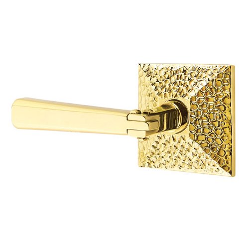 Emtek Left Handed Privacy Arts & Crafts Door Lever with Hammered Rose in Unlacquered Brass