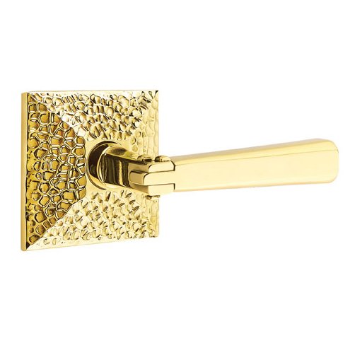 Emtek Privacy Arts & Crafts Door Lever with Hammered Rose with Concealed Screws in Unlacquered Brass