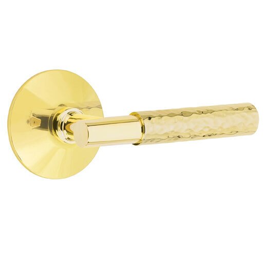 Emtek Privacy Hammered Right Handed Lever with T-Bar Stem and Modern Rose in Unlacquered Brass