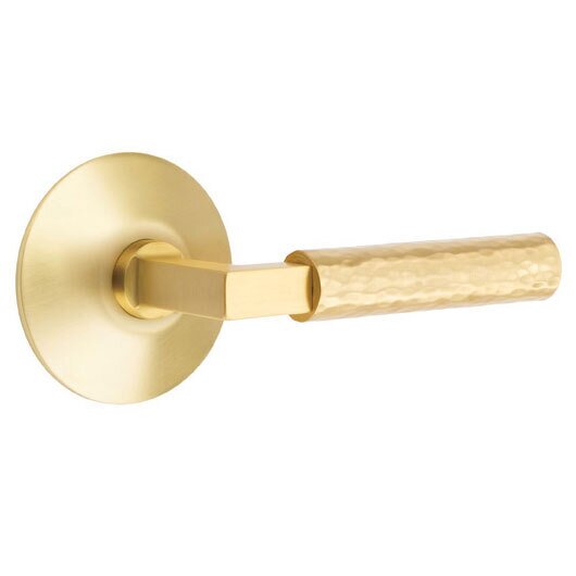 Emtek Privacy Hammered Right Handed Lever with L-Square Stem and Modern Rose in Satin Brass