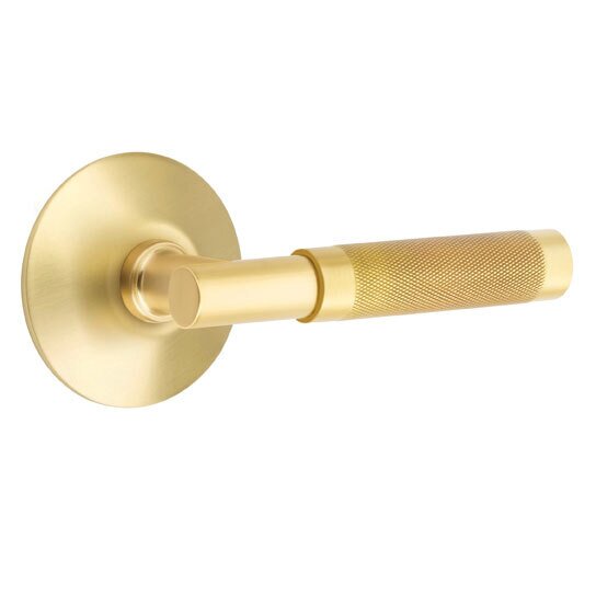 Emtek Privacy Knurled Right Handed Lever with T-Bar Stem and Modern Rose in Satin Brass