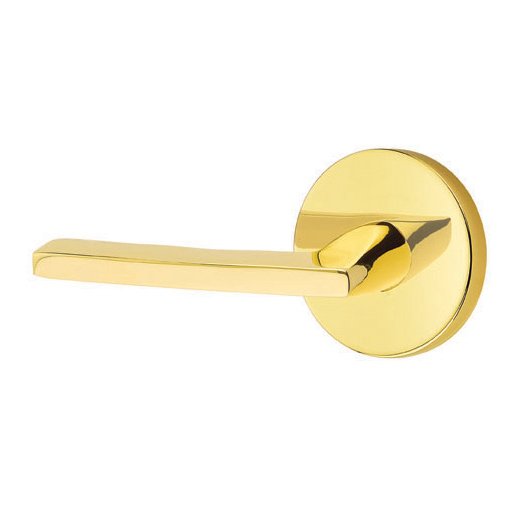 Emtek Privacy Helios Left Handed Door Lever With Disk Rose in Unlacquered Brass