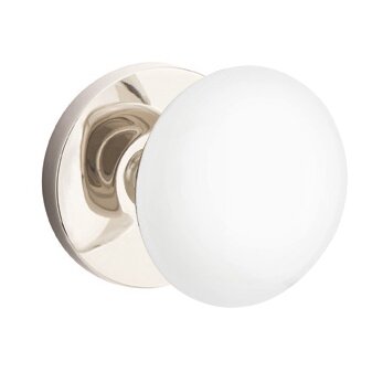 Emtek Privacy Ice White Knob And Modern Disk Rosette With Concealed Screws in Polished Nickel