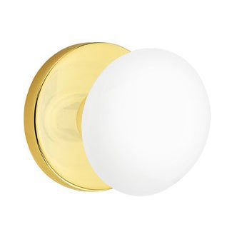 Emtek Privacy Ice White Porcelain Knob With Modern Disk Rosette in Unlacquered Brass