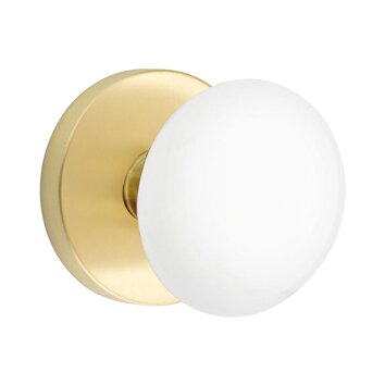 Emtek Privacy Ice White Knob And Modern Disk Rosette With Concealed Screws in Satin Brass
