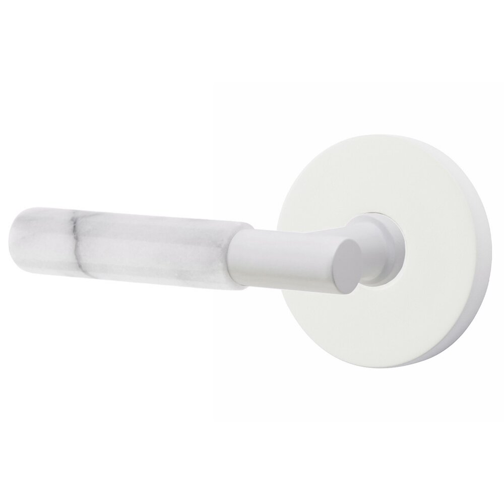 Emtek Privacy White Marble Left Handed Lever With T-Bar Stem And Concealed Screw Disk Rose In Matte White