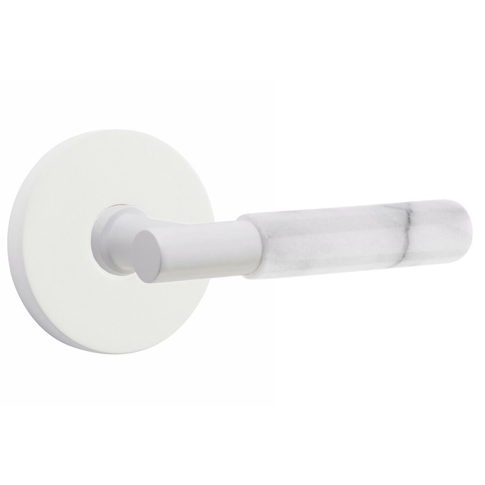 Emtek Privacy White Marble Right Handed Lever With T-Bar Stem And Disk Rose In Matte White