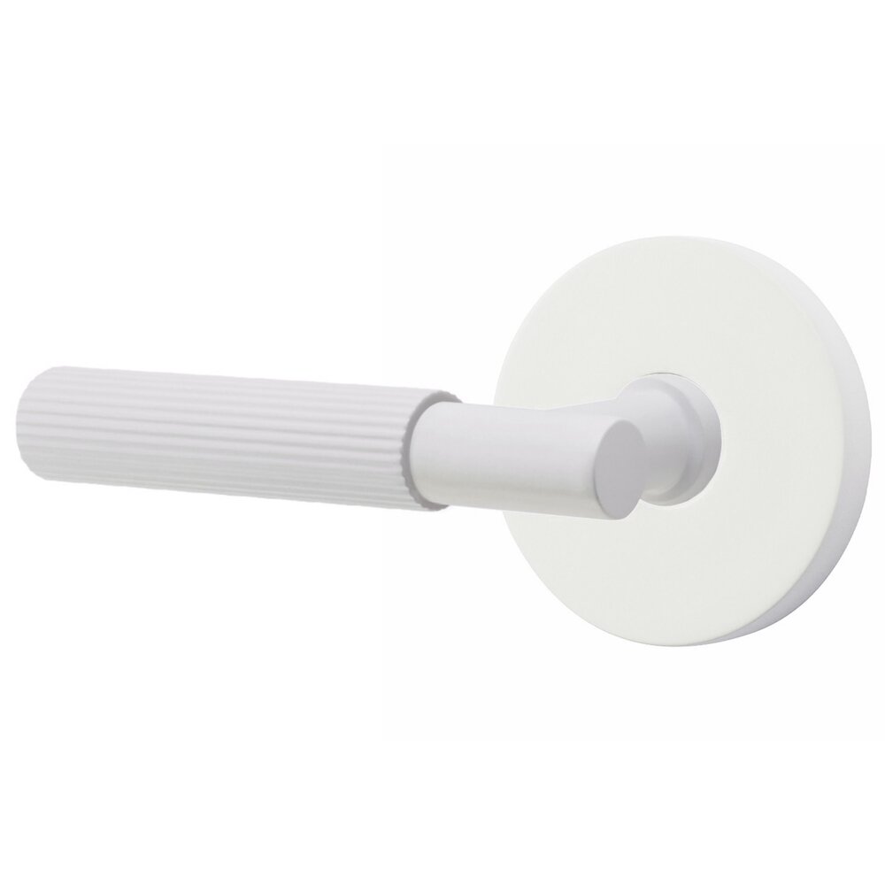 Emtek Privacy Straight Knurled Left Handed Lever With T-Bar Stem And Disk Rose In Matte White