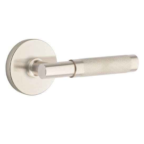 Emtek Privacy Knurled Right Handed Lever with T-Bar Stem and Disc Rose in Satin Nickel