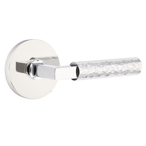 Emtek Privacy Hammered Right Handed Lever with L-Square Stem and Disc Rose in Polished Chrome