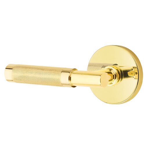 Emtek Privacy Knurled Left Handed Lever with T-Bar Stem and Disc Rose in Unlacquered Brass