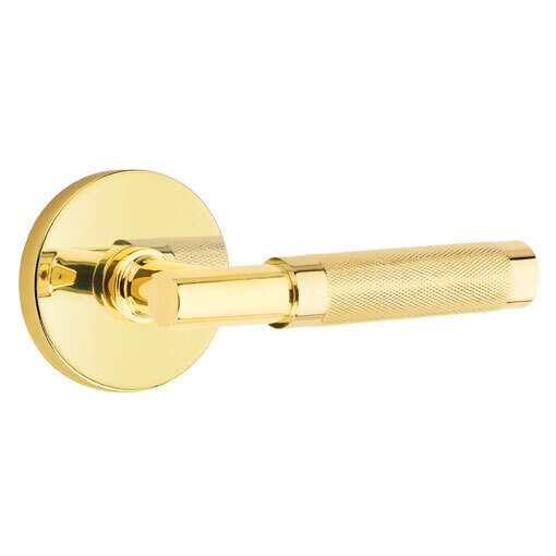 Emtek Privacy Knurled Right Handed Lever with T-Bar Stem and Disc Rose in Unlacquered Brass