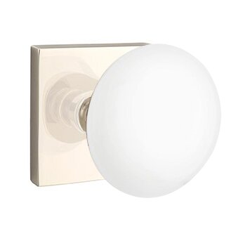 Emtek Privacy Ice White Knob And Modern Square Rosette With Concealed Screws in Polished Nickel